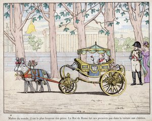 Cesarz Napoleon I Bonaparte (1769-1821) z synem Księciem Napoleonem Francois Karolem Józefem Bonaparte, który został królem Rzymu Napoleon II zwany później Aiglonem - Napoleon obserwujący króla Włoch (Napoleona II) stawiającego pierwsze kroki w autorstwa pseudonym for Onfray de Breville Jacques Job