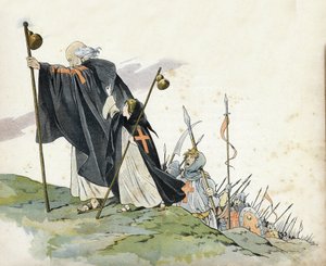 Pierwsza krucjata: Piotr Pustelnik (1050-1115) prowadzi krucjatę do okrzyku „Bóg tego chce!” . Jest ubrany w płaszcz, uderza krzyżem i trzyma bąbel pelerinowy. Towarzyszy jej mała dziewczynka symbolizująca Francję. w „” Francji, jej historia opowiedziana p autorstwa pseudonym for Onfray de Breville Jacques Job