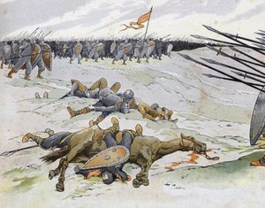 Wojna francusko-angielska (1202-1214): żołnierze, którzy zginęli w bitwie pod Bouvines 27.07.1214, która przeciwstawiła francuską armię Filipa Augusta flamandzkom i Welfom z Othona IV. w „Francja, jej historia opowiedziana przez G. Montorgueila, imagee by  autorstwa pseudonym for Onfray de Breville Jacques Job