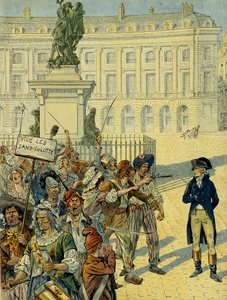 Rewolucja Francuska 1789: Napoleon I Bonaparte (1769-1821) zagrożony przez tłum majtek (bez majtek) 10 sierpnia 1792 r. w pobliżu posągu Ludwika XIV (1638-1715) autorstwa Desjardinsa przed jego obaleniem, Place des Victoires w Paryżu . Ilustracja autorstwa pseudonym for Onfray de Breville Jacques Job