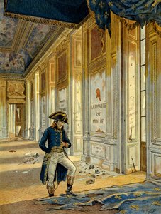 Rewolucja Francuska 1789: Napoleon I Bonaparte (1769-1821) w Sali Tronowej Pałacu Tuileries po przejściu rewolucjonistów, którzy splądrowali to miejsce. Na ścianie widnieje napis: „Królestwo zostało zniesione”. Ilustracja Jacquesa Marie Gastona Onfray autorstwa pseudonym for Onfray de Breville Jacques Job