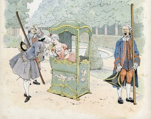 Francuska galanteria w XVIII wieku: młody mężczyzna całuje rękę kobiety na wózku inwalidzkim. w „Francja, jego historia opowiedziana przez G. Montorgueila, obraz red. Hiob” 1896. Zbiory prywatne. autorstwa pseudonym for Onfray de Breville Jacques Job