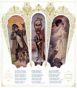 Francuskie szkolenie wojskowe, karykatura króla Norwegii Haakona VII i marokańskich imigrantów we Francji (kolor lito) autorstwa pseudonym for Onfray de Breville Jacques Job