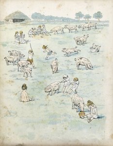 Galijskie dzieci bawiące się świniami w polu. w „”Francja, jego historia opowiedziana przez G. Montorgueil, imagee by Job””” 1896. Zbiory prywatne. autorstwa pseudonym for Onfray de Breville Jacques Job