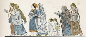 Galijskie chłopki z dziećmi. w „”Francja, jej historia opowiedziana przez G. Montorgueila, obraz autorstwa Joba””” 1896. Zbiory prywatne. autorstwa pseudonym for Onfray de Breville Jacques Job