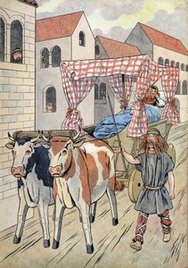 Historia Francji. Scena przedstawiająca leniwych królów w zabawkach: Król Francji Thierry III (673-691) niesie w czołgu z łóżkiem ciągniętym przez woły. W „” Joujoux a l