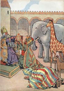 Historia Francji. Scena z życia Karola Wielkiego w zabawkach: Kalif Haron Al Raszid (Haron-Al-Rachid) daje królowi Francji Karolowi Wielkiemu (742-814) żyrafę, słonia i zegar. W „” Joujoux a l