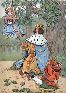 Historia Francji. Scena z życia św. Ludwika w zabawkach: Król Ludwik IX zwany św. Ludwikiem (1214-1270) wymierza sprawiedliwość u stóp dębu. W „” Joujoux a l
