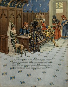 Historia Francji w średniowieczu (średniowiecze): Narodziny Ludwika (wówczas króla Francji Ludwika XI zwanego Roztropnym (1423-1483). Jest on obecny u swego ojca, króla Karola VII (1403-1461). Ilustracja Jacques Marie Gaston Onfray de Breville z pracy (185 autorstwa pseudonym for Onfray de Breville Jacques Job
