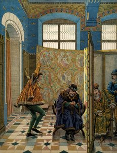 Historia Francji w średniowieczu (średniowiecze): Jeden z dżentelmenów Connetable of Saint Pol wyśmiewa króla Anglii (jego sojusznika), zanim król Francji Ludwik XI powiedział Roztropny (1423-1483), gdy wysłannik Edwarda IV przyszedł na spotkanie L autorstwa pseudonym for Onfray de Breville Jacques Job
