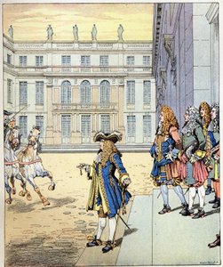 Prawie czekałem! słowa króla Francji Ludwika XIV mówiły, że król Soleil (1638-1715) przemówił przed zamkiem w Wersalu, gdy jego karosy dotarły dokładnie o czasie. Ilustracja Joba (Jacques Marie Gaston Onfray i Breville) (Jacques-Marie)