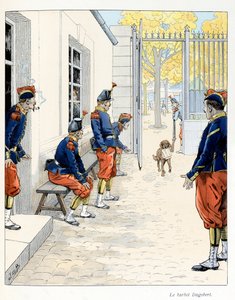 Ilustracja zaczerpnięta z książki „A la gloire des betes”” tekst A Fabre, rysunki Jacques Marie Gaston Onfray de Breville dit JOB (1858-1931), wydawca Maison Alfred Mame et fils: The Barbet Dagobert (w koszarach w Paryżu ), Odbiór częściowy autorstwa pseudonym for Onfray de Breville Jacques Job