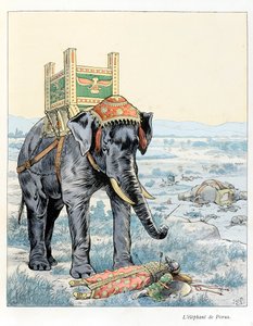 Ilustracja z książki „W chwale bestii” tekst A Fabre, rysunki Jacques Marie Gaston Onfray de Breville mówi JOB (1858-1931), wydawca Maison Alfred Mother and Son: The Elephant of Porus (At the Battle of Porus Hydaspe) w 328 pne Porus pokonany przez autorstwa pseudonym for Onfray de Breville Jacques Job