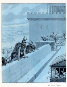 Ilustracja z książki „A la Glory des Betes” tekst A Fabre, rysunki Jacques Marie Gaston Onfray de Breville dit JOB (1858-1931), redaktor Maison Alfred Mame et fils: Les goies du Capitole (890 pne), les Galowie oblężenie Rzymu, kolekcja częściowa autorstwa pseudonym for Onfray de Breville Jacques Job