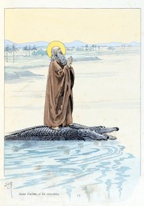 Ilustracja z książki „A la Glory des Betes” tekst A Fabre, rysunki Jacques Marie Gaston Onfray de Breville dit JOB (1858-1931), redaktor Maison Alfred Mame et fils: Saint Pacome (opactwo 292-348) oraz Krokodyle, kolekcja prywatna autorstwa pseudonym for Onfray de Breville Jacques Job