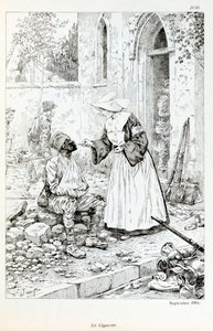 Ilustracja z książki „La Grande Guerre par les artistes””: „”La cigarette Septembre 1914””” zakonnik wręczający papierosa rannemu żołnierzowi, Jacques Marie Gaston Onfray de Breville dit JOB (1858-1931), Partial Collection autorstwa pseudonym for Onfray de Breville Jacques Job