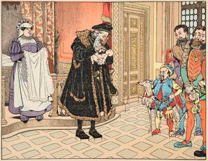 Ilustracja z książki „Le bon roy Henri””, zilustrowana przez Jacques Marie Gaston Onfray de Breville dit JOB (1858-1931): Narodziny Henryka IV, jego dziadek, Henri d
