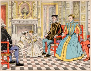 Ilustracja z książki „Le bon roy Henri”, zilustrowana przez Jacques Marie Gaston Onfray de Breville dit JOB (1858-1931): Antoine de Bourbon zabrał go do Paryża i przedstawił kuzynowi Henrykowi II, który podał mu rękę córka Małgorzata de autorstwa pseudonym for Onfray de Breville Jacques Job