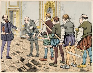 Ilustracja z książki „Le bon roy Henri”, ilustrowana przez Jacquesa Marie Gastona Onfray de Breville dit JOB (1858-1931): Sully (Maximilian de Bethune) pokazuje surową gospodarkę – zbiory prywatne autorstwa pseudonym for Onfray de Breville Jacques Job