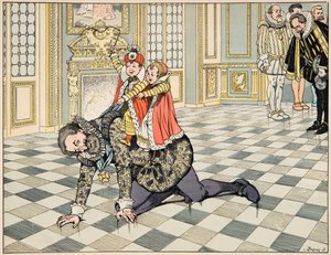Ilustracja z książki „Le bon roy Henri”, ilustracja Jacques Marie Gaston Onfray de Breville dit JOB (1858-1931): Przed ambasadorem Hiszpanii Henryk IV bawi się ze swoimi dziećmi – kolekcja prywatna autorstwa pseudonym for Onfray de Breville Jacques Job