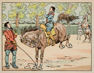 Ilustracja zaczerpnięta z książki „Le bon roy Henri””, ilustrowana przez Jacques Marie Gaston Onfray de Breville dit JOB (1858-1931): Edukacja w szesnastowiecznym jeździectwie - kolekcja prywatna autorstwa pseudonym for Onfray de Breville Jacques Job