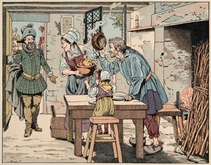 Ilustracja zaczerpnięta z książki „Le bon roy Henri””, ilustracja Jacques Marie Gaston Onfray de Breville dit JOB (1858-1931): Henryk IV u chłopów, jeść kurczaka w garnku - kolekcja prywatna autorstwa pseudonym for Onfray de Breville Jacques Job