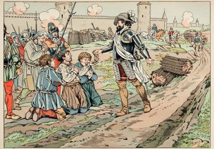 Ilustracja zaczerpnięta z książki „Le bon roy Henri””, ilustrowana przez Jacques Marie Gaston Onfray de Breville dit JOB (1858-1931): Henryk IV daje pieniądze i uwalnia chłopów, którzy próbowali wprowadzić żywność do Paryża - Kolekcja prywatna autorstwa pseudonym for Onfray de Breville Jacques Job