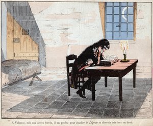 W Walencji (więzienie) Napoleon wykorzystuje to, aby studiować Digest i stać się bardzo silnym w prawie - Napoleon przeczytał Digeste i wzmocnił swoją znajomość prawa - litografia Joba (Jacques Onfroy de Breville) z „” Le Grand Napoleon des Petites autorstwa pseudonym for Onfray de Breville Jacques Job