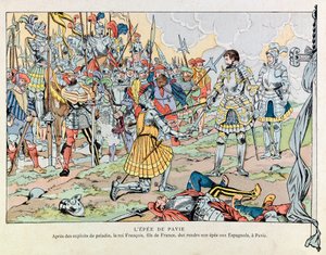 Jacques Marie Gaston Onfray de Breville z pracy (1858 - 1931); Ilustracja z książki „Les epees de France””: Król Francois 1. zwraca swój miecz Hiszpanom po klęsce Pawii 24 lutego autorstwa pseudonym for Onfray de Breville Jacques Job
