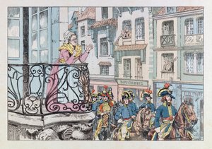 Jacques Marie Gaston Onfray de Breville z pracy (1858 - 1931); Ilustracja z książki „Les epees de France”: Generał Louis Lazare Hoche (1768-1797) kala na czele swoich wojsk; Zb, część autorstwa pseudonym for Onfray de Breville Jacques Job
