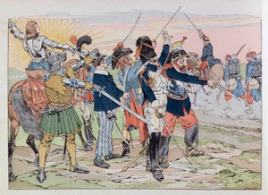 Jacques Marie Gaston Onfray de Breville zwany PRACĄ (1858 - 1931); Ilustracja z książki „Les epees de France”: Alegoria chwały Francji dla włochatych ludzi z 1914 roku; Dz.U., Udostępnij autorstwa pseudonym for Onfray de Breville Jacques Job