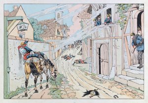 Jacques Marie Gaston Onfray de Breville z pracy (1858 - 1931); Ilustracja zaczerpnięta z książki „Les epees de France””: Epizod wojny francusko-pruskiej z 1870 r., Szturm dokonany przez 9. kirasjerów w wiosce Morsbronn; Zb, część autorstwa pseudonym for Onfray de Breville Jacques Job