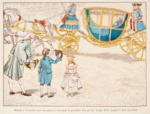 Jacques Marie Gaston Onfroy de Breville dit JOB (1858-1931) - Napoleon Bonaparte sprowadzony do Wersalu przez ojca widzi po raz pierwszy króla Ludwika XVI w Carossus w 1770 r., zbiory prywatne autorstwa pseudonym for Onfray de Breville Jacques Job