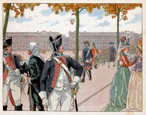 Joachim Murat (1767-1815) i Bessieres w Paryżu w 1791 r. w stroju królewskiej gwardii konstytucyjnej. Grawerowanie: Jacques Marie Gaston Onfray de Breville dit Job (1858-1931) autorstwa pseudonym for Onfray de Breville Jacques Job