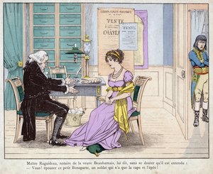Józefina i notariusz - Maitre Raguideau, notariusz wdowy Beauharnais, powiedział mu: Ye! poślub tego małego Bonaparte - Mistrz Raguidea i Josephine - (Ty! Poślub tego małego Bonaparte) - litografia Hioba (Jacques Onfroy de Breville) z „” Le Gran autorstwa pseudonym for Onfray de Breville Jacques Job