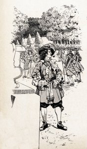 Król Francji Ludwik XIV zwany królem Soleil (1638-1715) ze swoimi dworzanami w ogrodach Wersalu. Ilustracja Joba (Jacques Marie Gaston Onfray i Breville) (Jacques-Marie) (1858-1931) do książki „Wielkie historyczne słowa kraju Francji” autorstwa pseudonym for Onfray de Breville Jacques Job