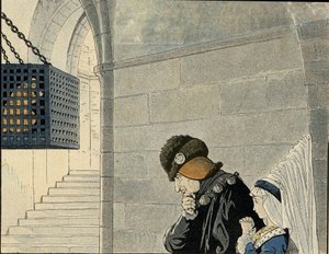 Król Ludwik XI (1423-1483) odwiedza więźnia Jeana Balue (1421-1491), zamkniętego w 1469 w żelaznej klatce za spiskowanie przeciwko królowi. w „Francja, jego historia opowiedziana przez G. Montorgueila, obrazowana przez Hioba”” 1896. Zbiory prywatne. autorstwa pseudonym for Onfray de Breville Jacques Job