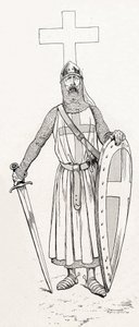 Rycerz Ludwika IX znany jako Saint Louis (1214-1270) w stroju krucjatowym. Ilustracja Joba (Jacques Marie Gaston Onfray i Breville) (Jacques-Marie) (1858-1931) do książki „Les grands mots historique du pays de France”” 1915. Kolekcja Privee. autorstwa pseudonym for Onfray de Breville Jacques Job