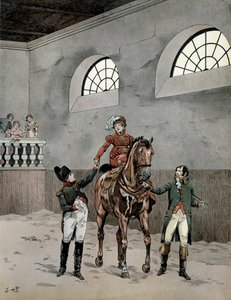 Napoleon I Bonaparte (1729-1821) uczęszczał na lekcje jazdy konnej do impresa Marie Louise z Austrii (1791-1847). W „”Napoleonie”” Georgesa Montorgueila. Ilustracja Jacques Marie Gaston Onfray de Breville dit JOB (1858-1931) autorstwa pseudonym for Onfray de Breville Jacques Job