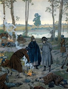 Napoleon I Bonaparte (1769-1821) na biwakach w przededniu bitwy pod Waterloo w 1815 r. W „Napoleonie” Georgesa Montorgueila. Ilustracja Jacques Marie Gaston Onfray de Breville dit JOB (1858-1931) autorstwa pseudonym for Onfray de Breville Jacques Job
