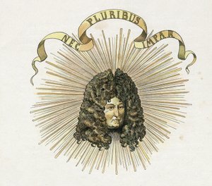 Portret króla Ludwika XIV (1638-1715) z jego dewizą po łacinie „Nec pluribus impar” (żadnego innego podobnego). w „”Francja, jego historia opowiedziana przez G. Montorgueila, imagee by Job”” 1896. Zbiory prywatne. autorstwa pseudonym for Onfray de Breville Jacques Job