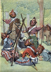 Scena z historii Francji w zabawkach: Po epizodzie odwrotu Rosji podczas wojny napoleońskiej (1812) Kozacy rozbili biwak na Polach Elizejskich w Paryżu w 1814 roku. W „” Joujoux a l