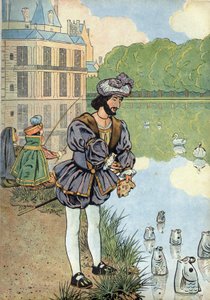 Scena historii Francji w zabawkach: król Francji Franciszek I (1494-1547) daje chleb rybom z parku Fontainebleau. W „” Joujoux a l