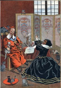Scena historii Francji w zabawkach: kobieta błagająca o przebaczenie kardynała Richelieu (1585-1642) w otoczeniu kotów. W „” Joujoux a l