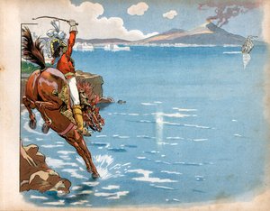 Anglicy jeździli u wybrzeży swojego stanu, a jadąc konno nad brzegiem morza, Joachim Murat (1767-1815), król Neapolu, zobaczył angielską fregatę, zepchnął konia do wody i zaszarżował. Grawerowanie: Jacques Marie Gaston Onfray de Breville autorstwa pseudonym for Onfray de Breville Jacques Job