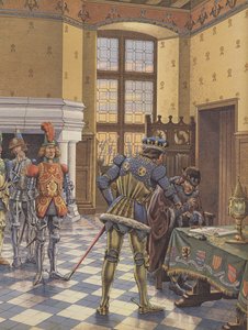 Karol Śmiały, książę Burgundii, składa traktat przed królem Ludwikiem XI i żąda jego podpisania