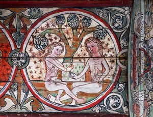 Adam i Ewa w Garden of Eden, dekoracja z Al Stavkirke, Norwegia (fresk)