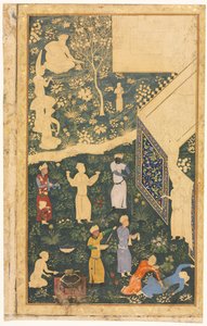 Lewa strona dwustronicowego folio albumu: Na zewnątrz Królewskiego Obozowiska (recto) autorstwa style of Bihzad
