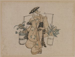 Piękność niosąca dwa wiadra kwiatów autorstwa style of Torii Kiyomasu