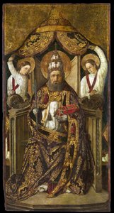 Św. Piotr na tronie - Obraz Rodrigo de Osona (Orsona) (aktywny 1465-1514) - ca. 1470-1480 - Olej na drewnie - 214,2x112 - Narodowe Muzeum Sztuki Katalonii, Barcelona autorstwa the Elder Rodrigo de Osona